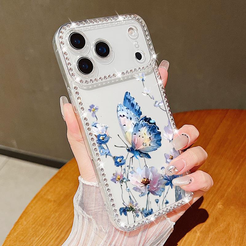 Diamond Case For iPhone 17 Pro Max Crystal Butterfly Print Clear TPU Silicone Soft Cover For iPhone 16 Pro Max 15 14 13 11