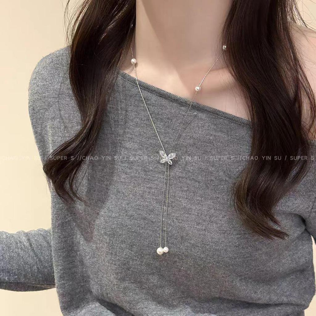 Elegant Rhinestone Pearl Butterfly Tassel Necklace - Luxury Chic Clavicle Chain for Women
