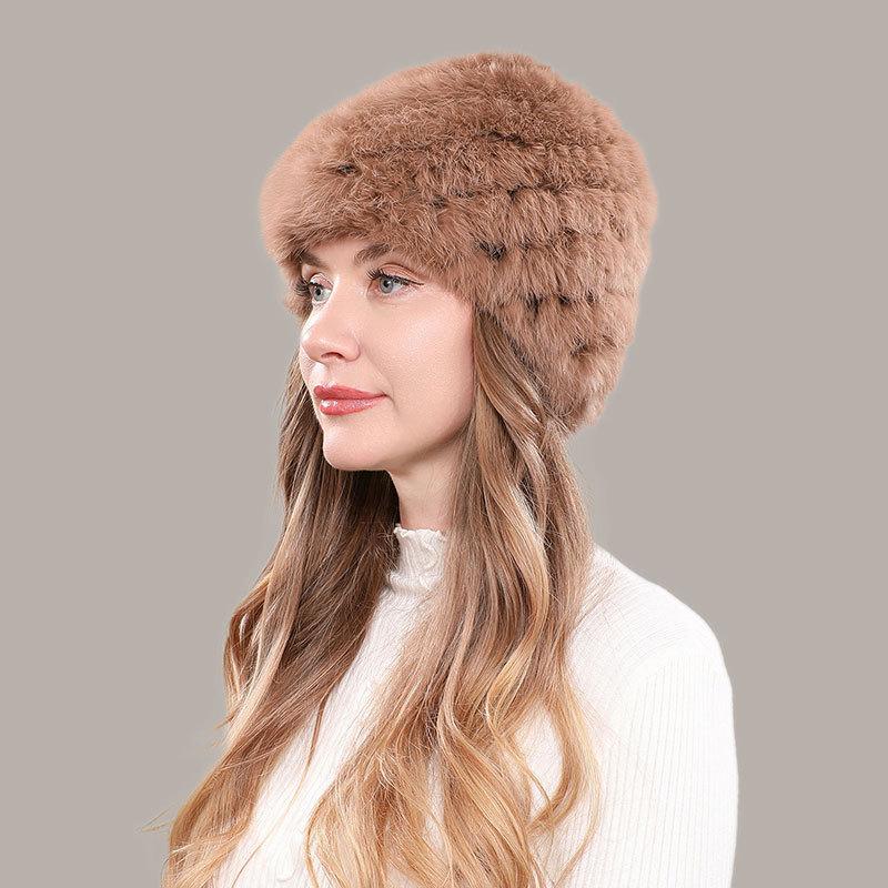 

New Rabbit Fur Hat Women s Autumn and Winter Thickened Warm Pineapple Hat Double Elastic Woven Snow Rabbit Pullover Hat one size is elastic