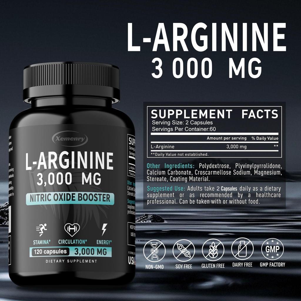Extrakt z L-Argininu, Kapsle 3000 mg, Doplněk oxidu dusnatého, Podporuje růst svalů, Cévní funkce a Energii