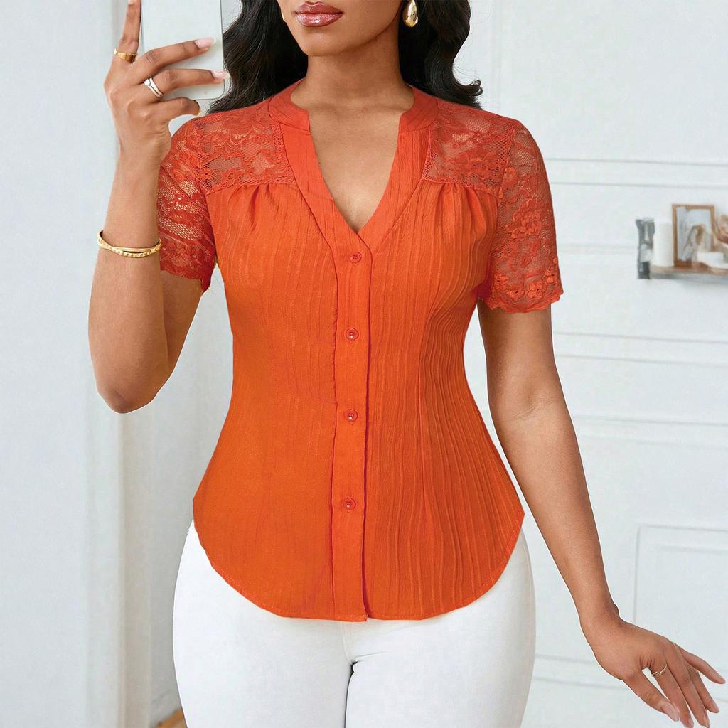 Women's Fashionable Versatile Single Breasted Color Slim Fit Embroidered Hollow Short Sleeved Top