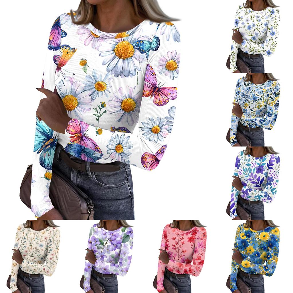 Women Casual Crew Neck Long Sleeve Ribbed Top with All Over Floral Print Lightweight Pullover Blouse for Daily Wear