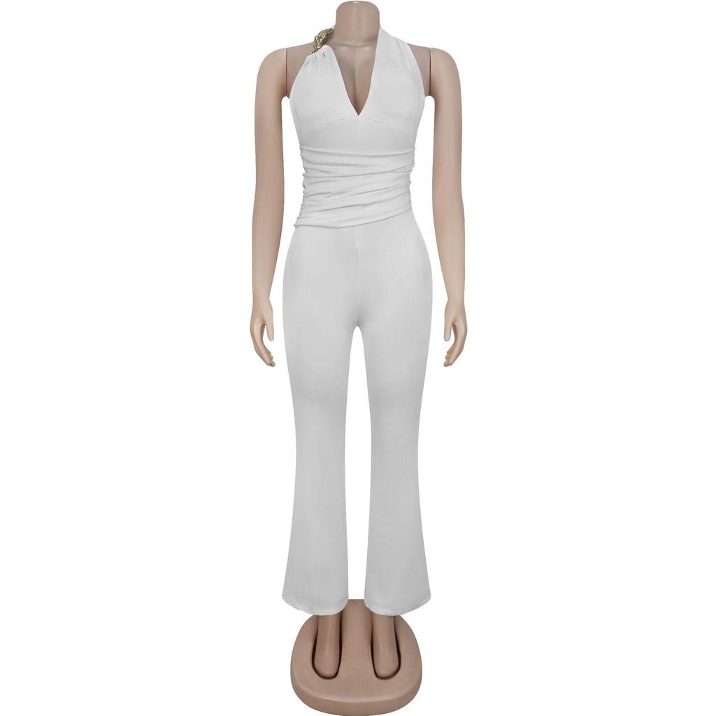 Strappy Deep V Halter Solid Color Jumpsuit - Women's Fashion Europe America Style