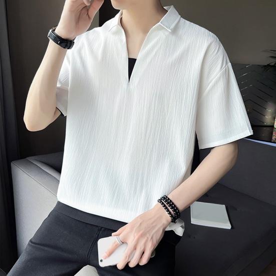 Men Shirt V Neck Lapel Color Fake Silk Two-piece Ice Solid Short Sleeves Loose Pullover Stretchy Casual Daily