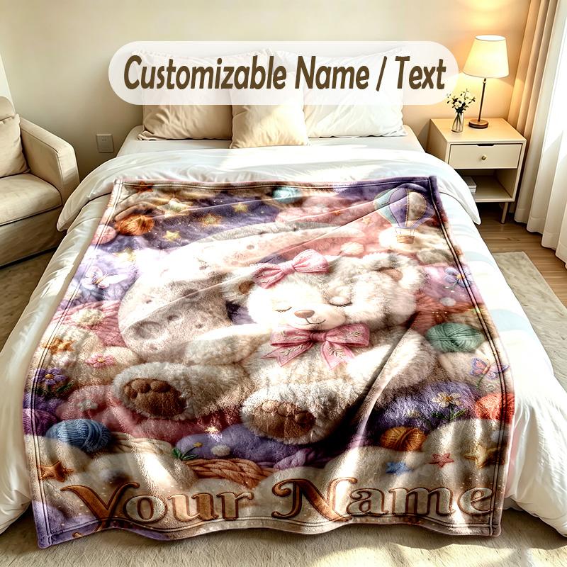 Teddy Bear Theme Custom Blanket Personalized Name & Text Customized Soft Warm Throw Blanket Home Decor