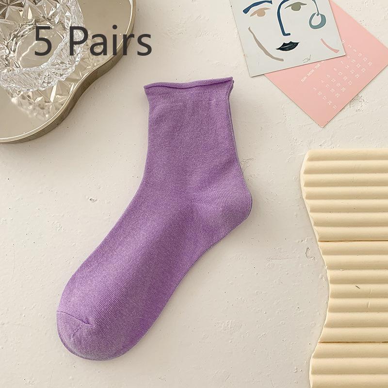 5 Pairs of Cute Candy Colored Rolled Up Mid Top Socks for Women In Summer