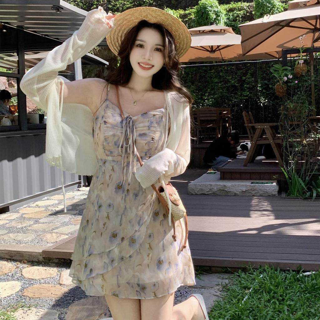 Women's Plus Size Floral Camisole Dress & Knit Cardigan Set for Autumn