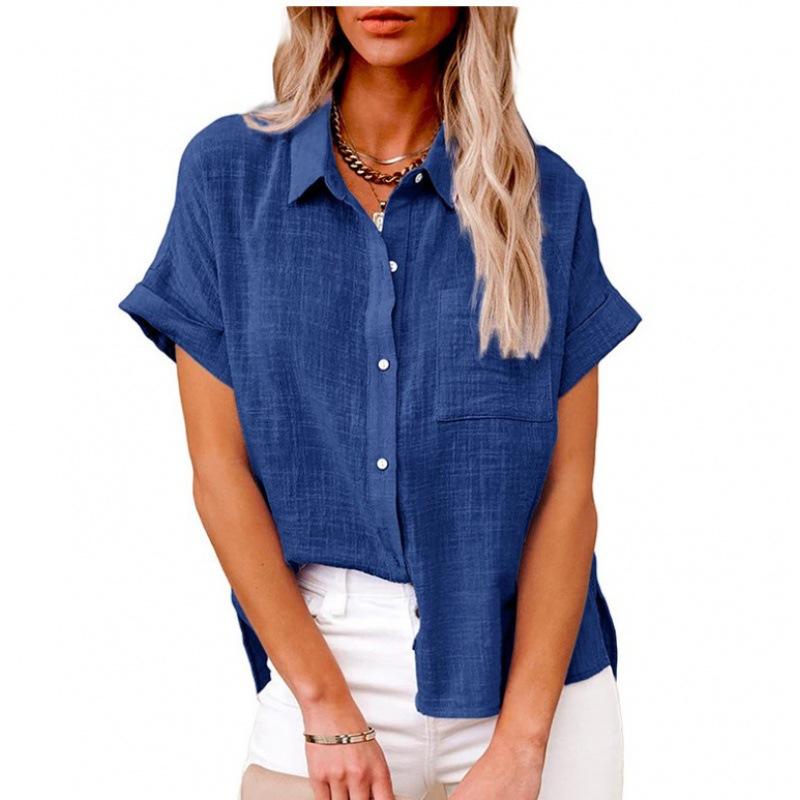 Frauen Sommer Einfarbig Baumwolle Leinen Shirts Revers Kurzarm Button Up Unregelmäßige Tasche Blau Weißes Hemd