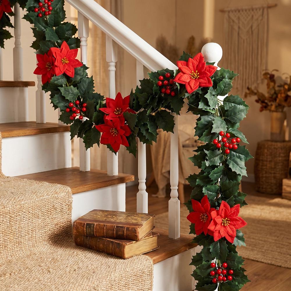 European & American Christmas Poinsettia and Holly Red Berry Vine Artificial Greenery for Home & Holiday Décor