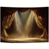 2D Golden Stage Curtain Photography Backdrop, Theatre Curtain with Spotlight & Glitter Background Cloth