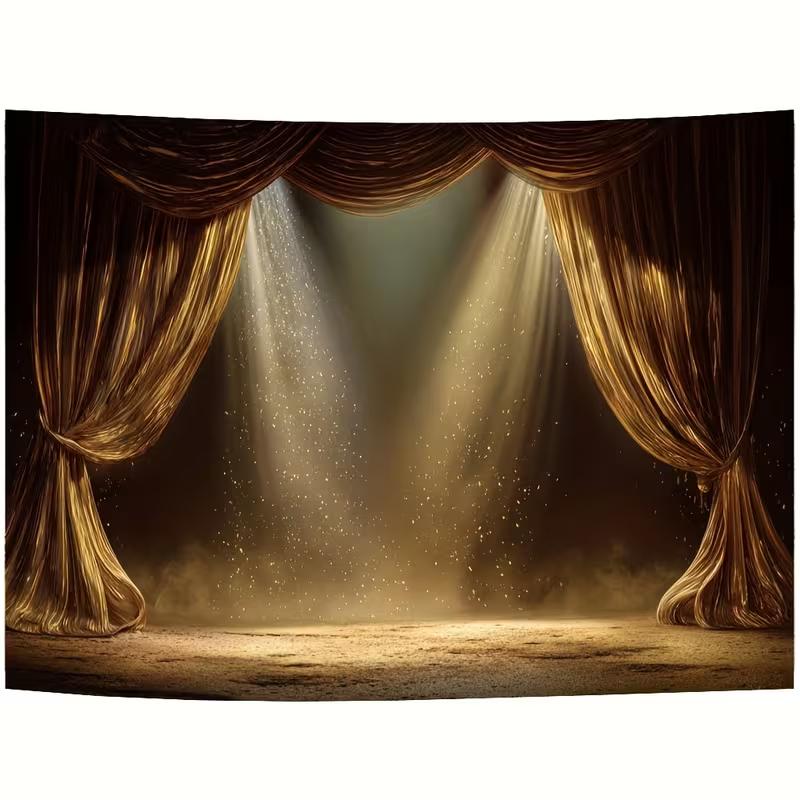 2D Golden Stage Curtain Photography Backdrop, Theatre Curtain with Spotlight & Glitter Background Cloth