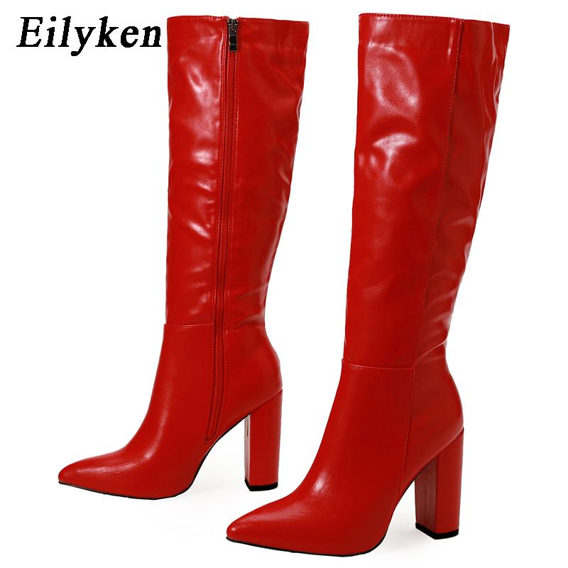 Fashion Eilyken Women Knee-High Boots Elegant Street Style Pointed Toe Chunky High Heel Zipper Long Booties Party Shoes