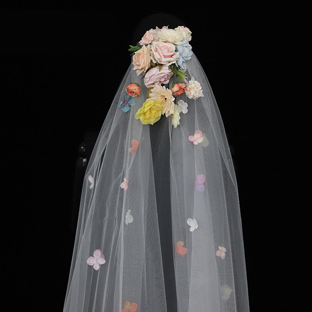 Bride Veil Colorful Flower Studded Veil Head Covering Wedding Hair Sheer White Wedding Veil Headscarf Mantilla Veil