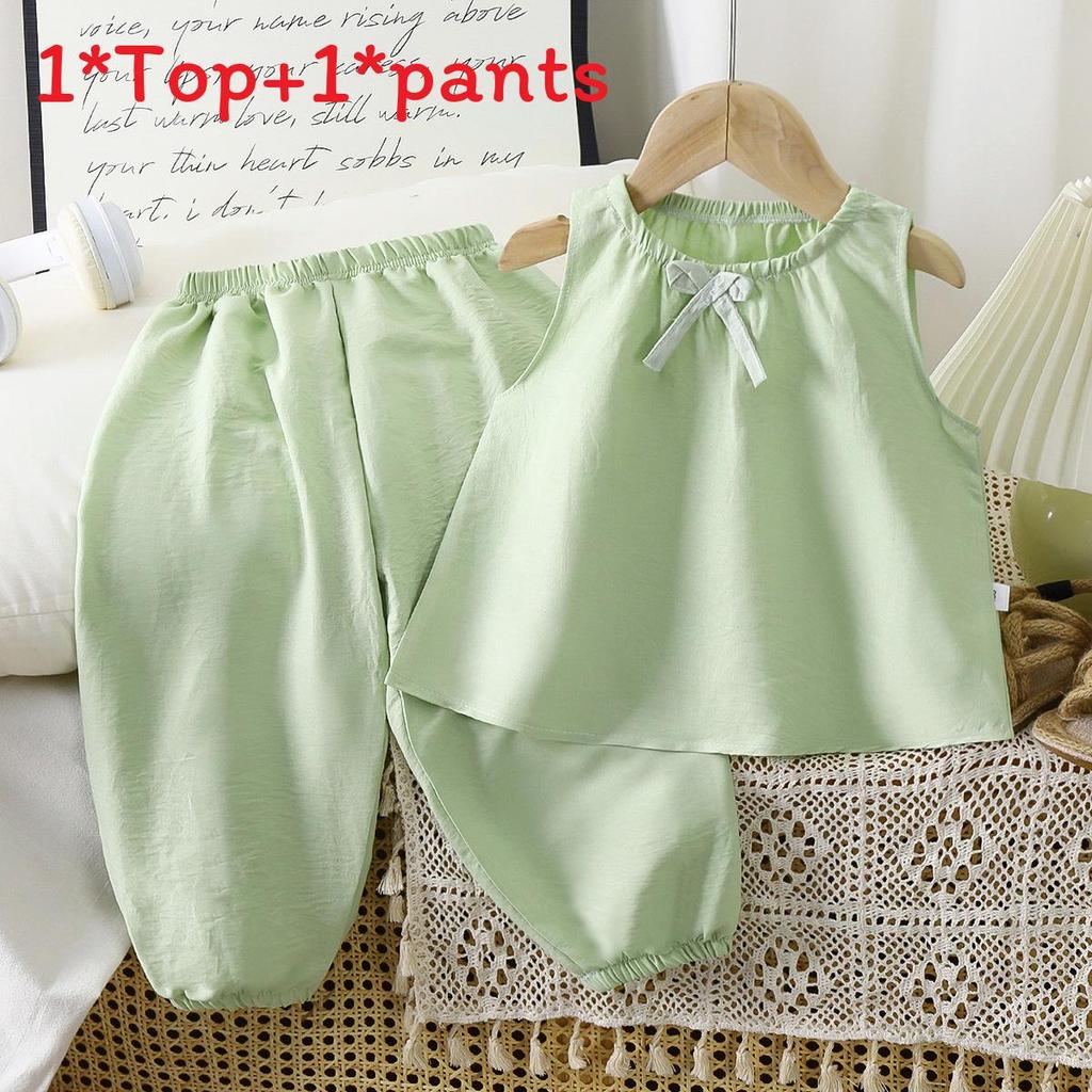 Girl Toddler Sleeveless Long Pants Set Summer Girls Cotton Blend Casual Lounge Wear For Kids