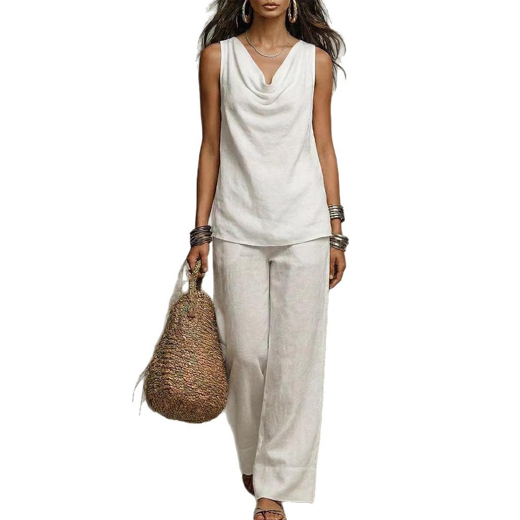 2026 Summer European and American New Women's Clothing Amazon Solid Color Casual Suit Cross-border V-neck Women's Top Set New