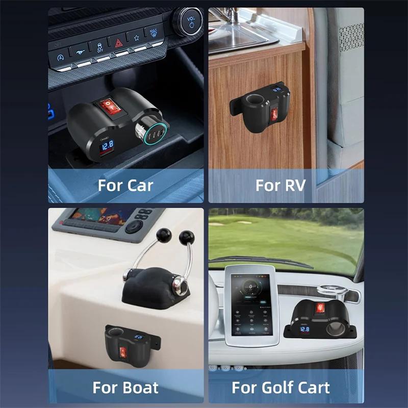 Car Phone Charger Adapter PD QC3.0 Socket 120W Cigarette Lighter Power Adapter Fast Charging 12/24V with Voltmeter On/off Switch