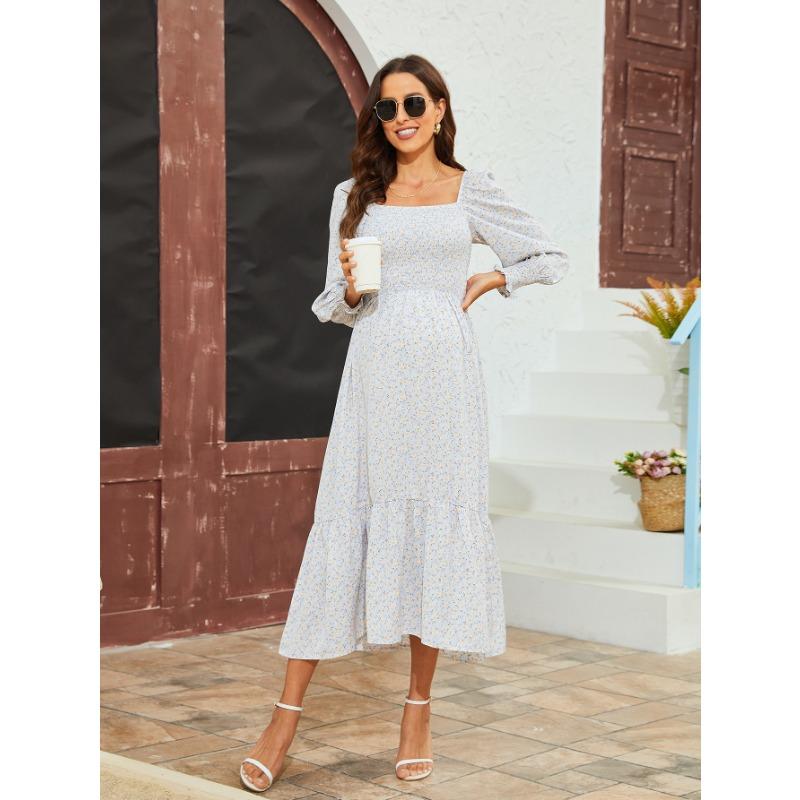 YYFS Women's Fashion Spring Fall Flower Pattern Print Long Sleeve Square Collar Loose Waistline Casual Dresses