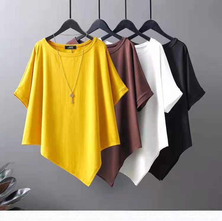 Maglione T-shirt Irregolare Manica Corta Donna Girocollo Bat Seta di Ghiaccio Coreano Taglia Larga Orlo Diagonale Top