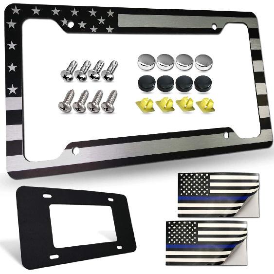 

Police Thin Blue Line License Plate Frame- Patriotic Carbon Fiber Car Tag Holder, American Flag Black Aluminum Bracket with Screw, Cap Covers, Decal, Aluminum Plate Frame
