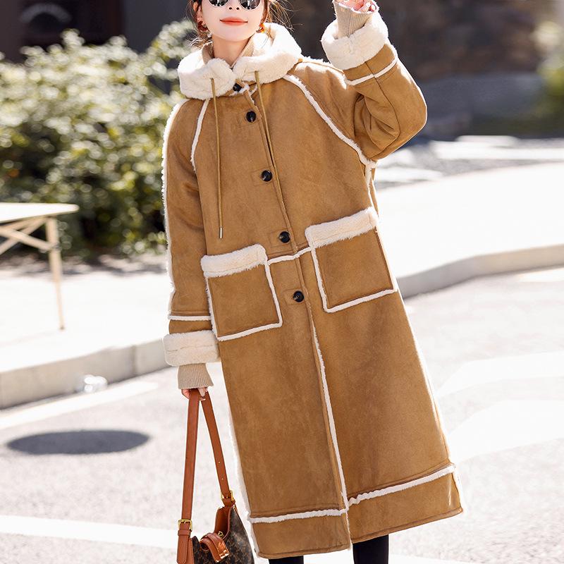 Women's Luxury Suede Lambswool Hooded Coat - Winter 2024 Thickened Cotton Jacket
