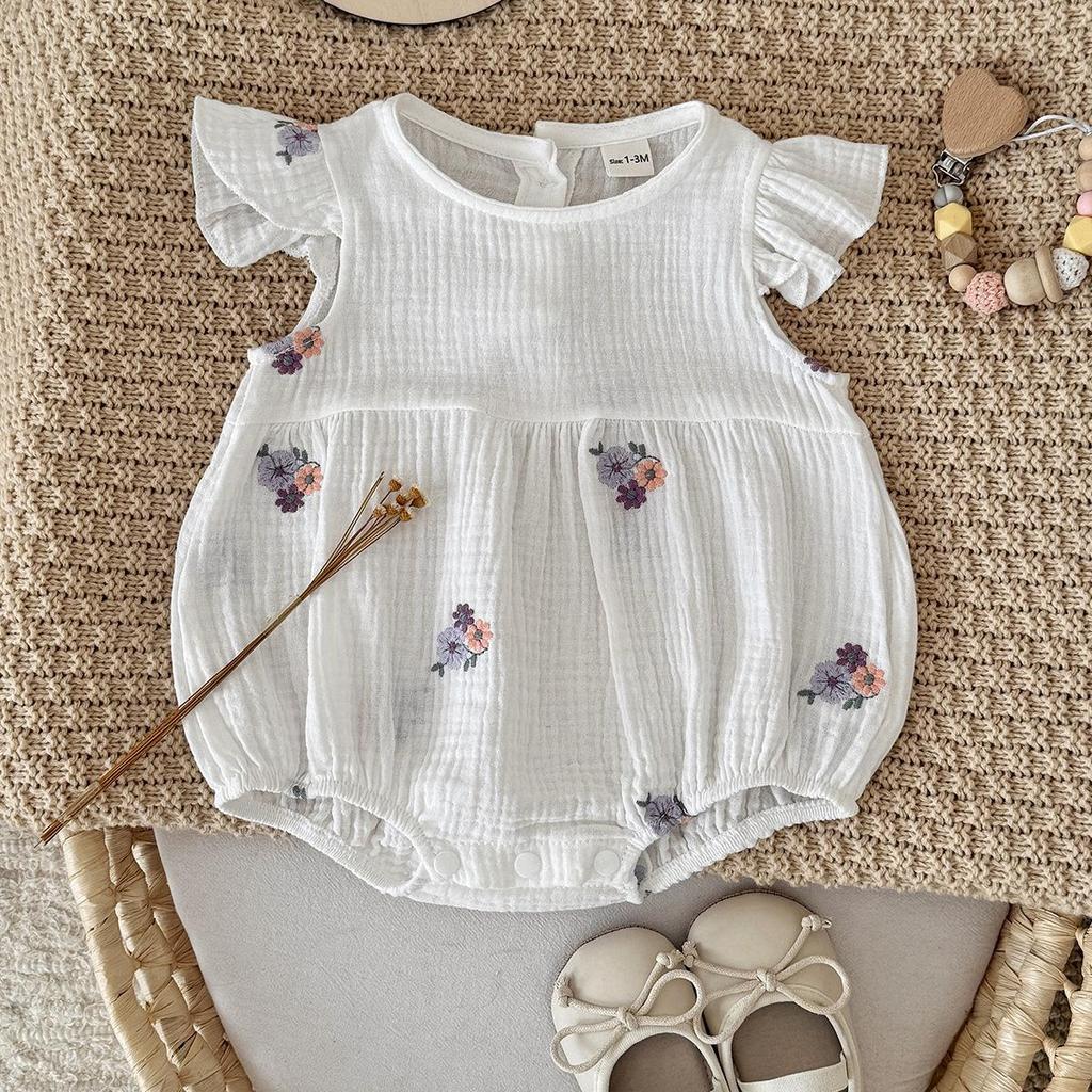 Korean-Style Girls' Summer Bodysuit with Purple Floral Embroidery