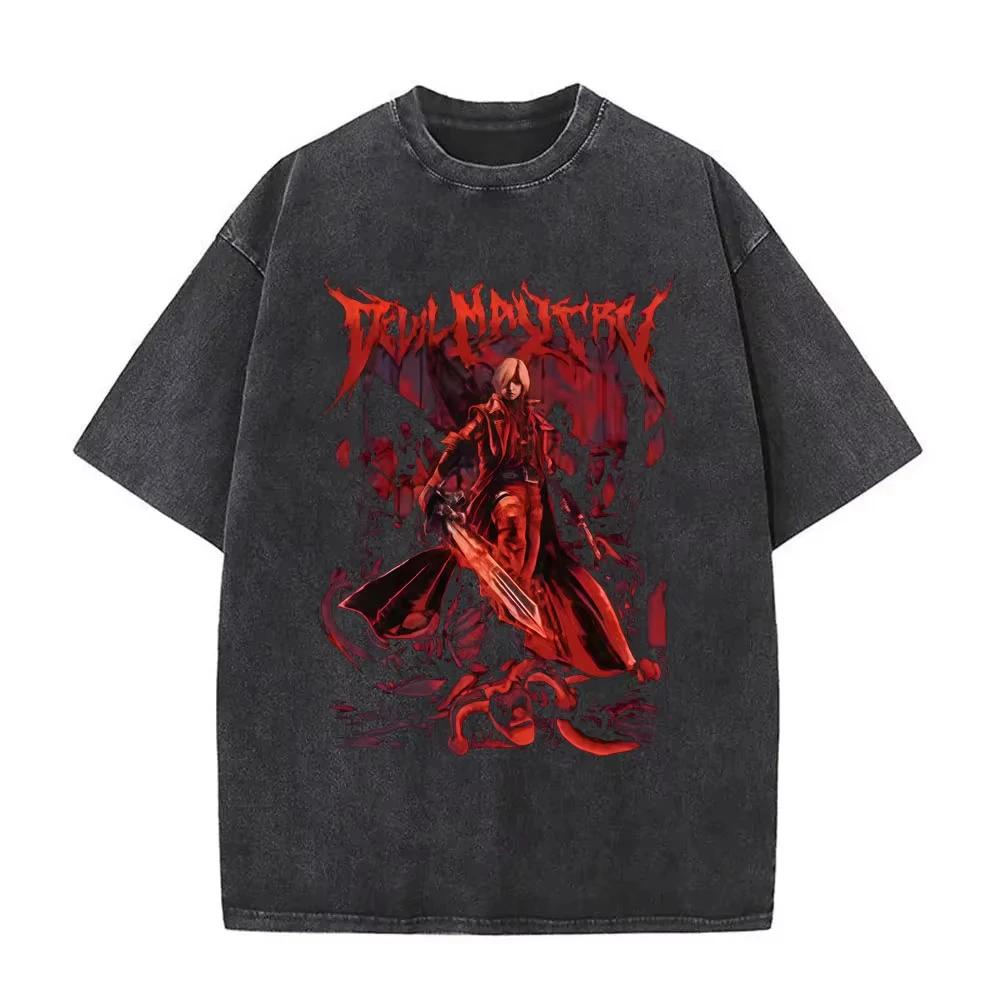 Game Devil May Cry Dante Vintage Acid Washed T-shirt Men Gothic Retro Fashion Short Sleeve T Shirts Male Hip Hop Streetwear