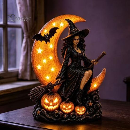 Halloween-Dekoration für den Innenbereich Hexe auf Mondsichel Dekorative Leuchte, Gotische Dekoration Lampe, Harzfigur für Tischdeko Zuhause Gruselig Saisonale