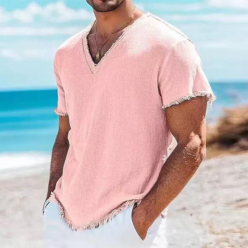 Seaside Beach Casual Men s Linen T-Shirts Summer Solid Color Breathable T-shirt Mens Outdoor Vintage V-Neck Ripped Tops XXXL розовый