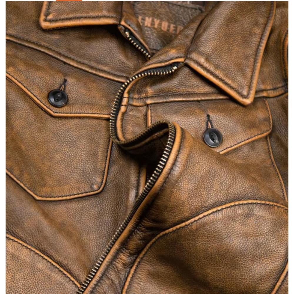 Chinese Size Vintage Men Leather Jacket Soft Genuine Cowhide Spring Autumn