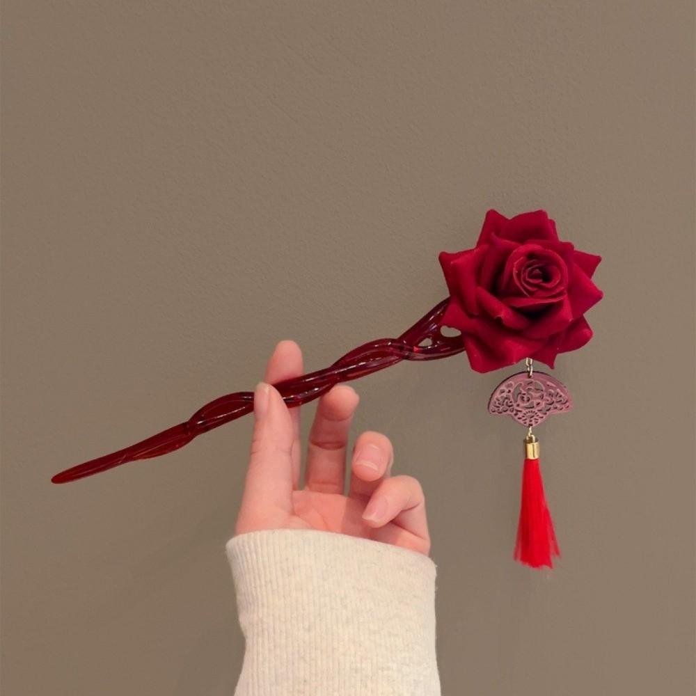 Retro Red Rose Ancient Chinese Hairpin Tassel With Fan Hair Forks Red Hair Stick Hair Accessories