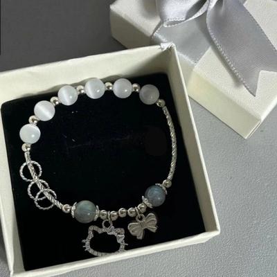Gray Moonlight Bow Kt Cat Couple Bracelet Handmade Beaded Bracelet