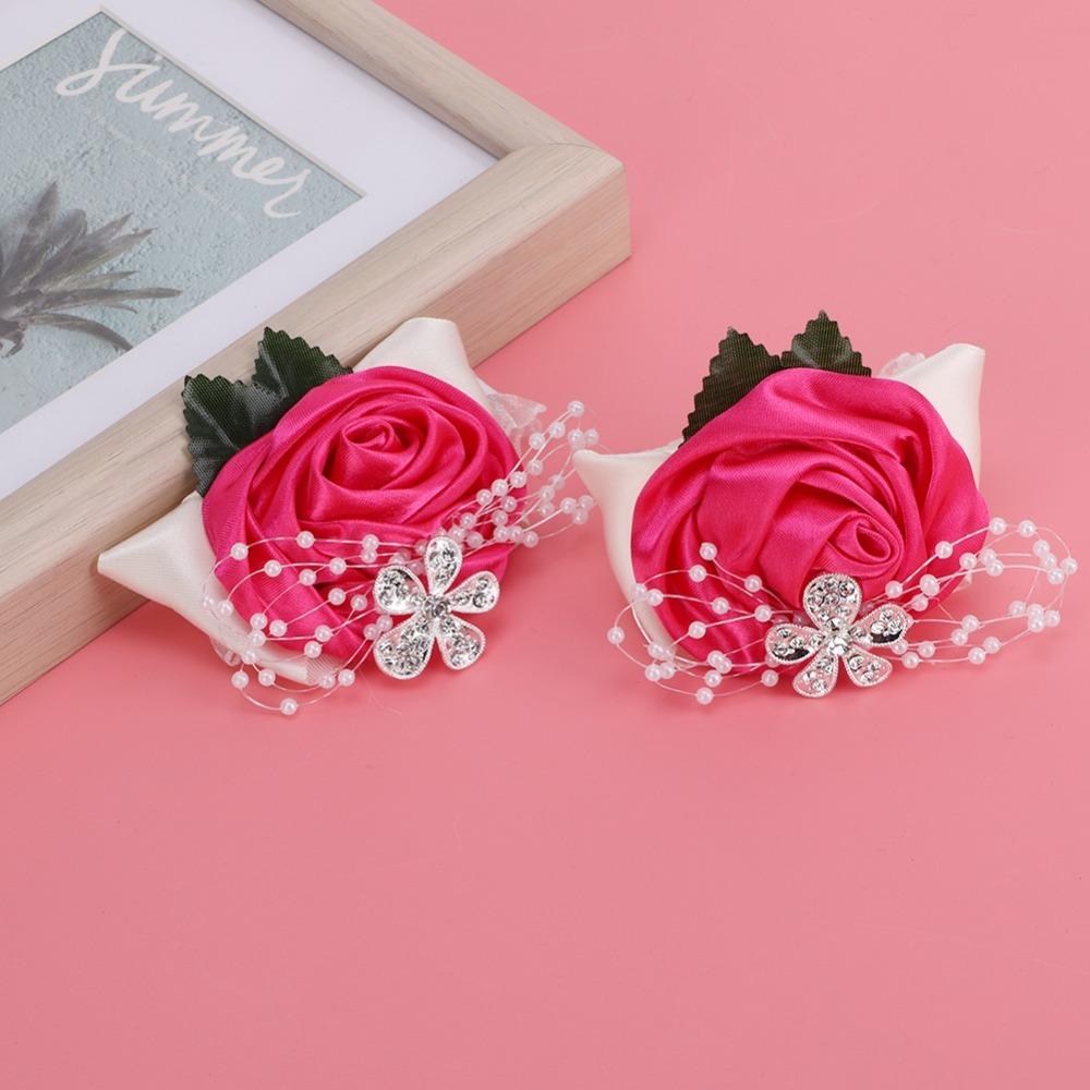 2pcs Diamond Rose Hand Flower Pearl Rhinestone Bridal Wrist Flower For Bridesmaid
