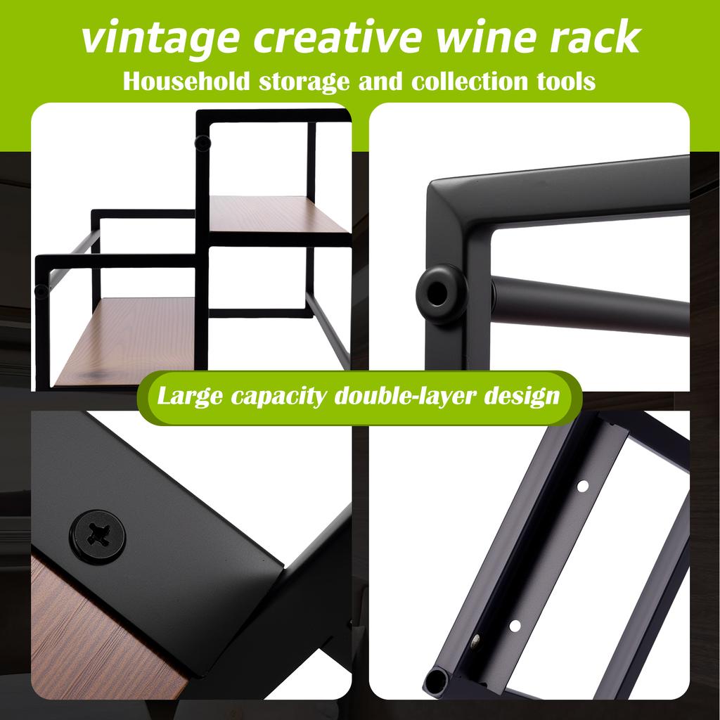 2 Tiers Coffee Syrup Bottle Stand Wine Rack Wood Vintage Kitchen Living Room Bar Syrup Wine Display Shelf