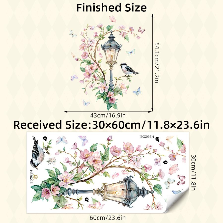 

European Style Street Lamp Flower Vine Butterfly Sparrow Wall Sticker Self-Adhesive Bedroom Kids Room Home Decor Decal 30x60CM
