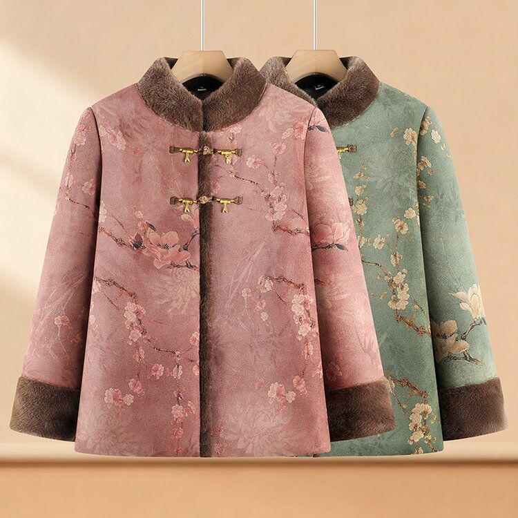 Fur-Lined Autumn-Winter Jacket for Elderly Women - Plus Velvet Chinese Tang Suit Style