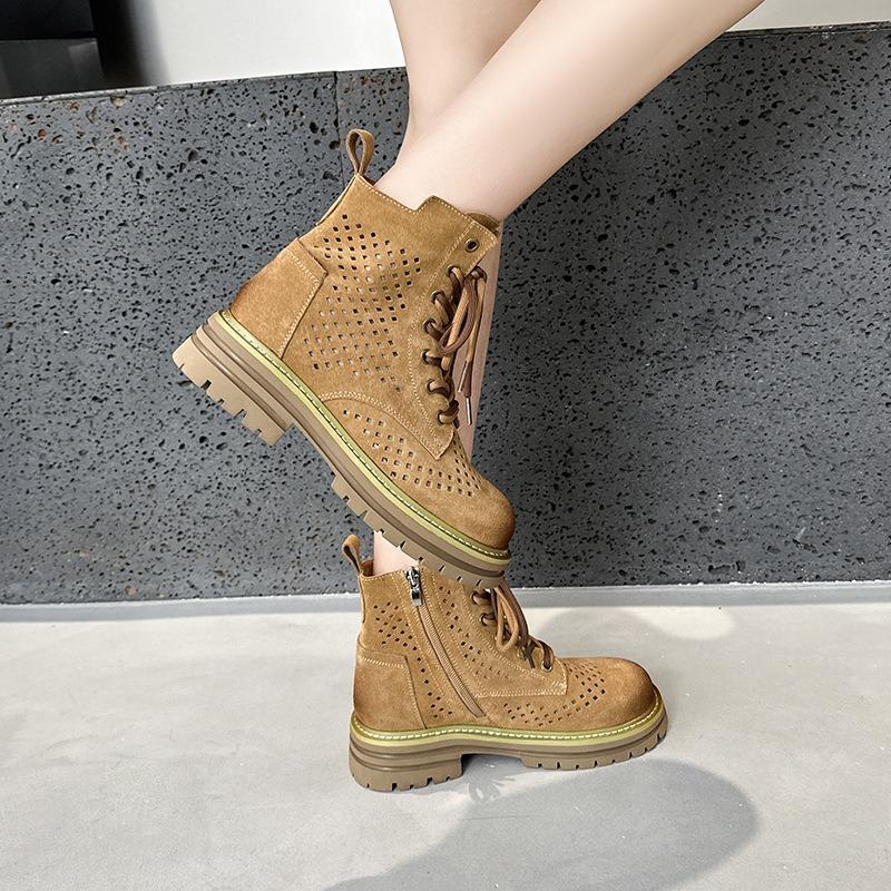 Hollow Martin boots women's summer new soft leather retro women's short boots cow suede leather tooling boots