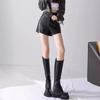 Spicy Fashion Petite PU Leather High-Waist A-line Booty Shorts for Women - Autumn/Winter Black Outerwear