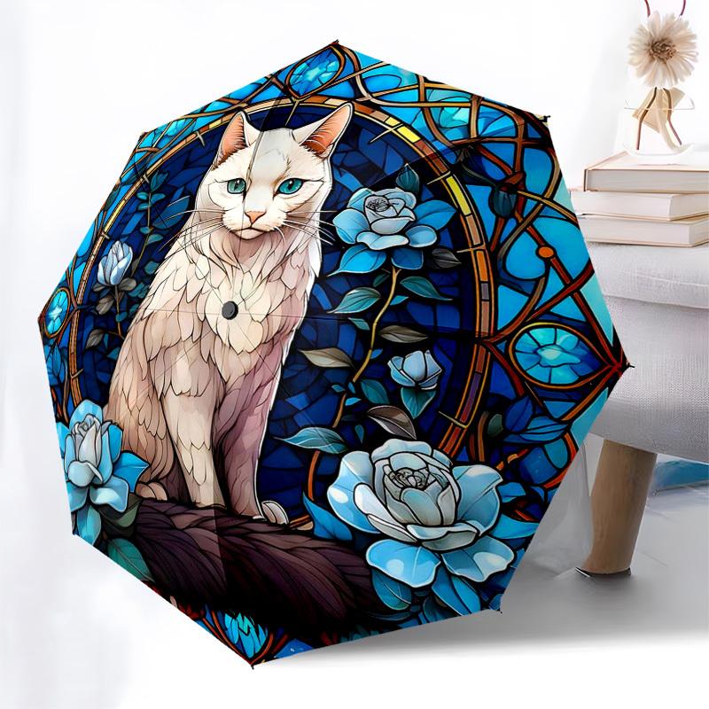 

1pc Stained Glass Cat with Blue Flowers Automatic Folding Umbrella - Portable 3-Fold Design, 8-Bone Iron Frame Outdoor Umbrella, Ideal Gift for Fans,