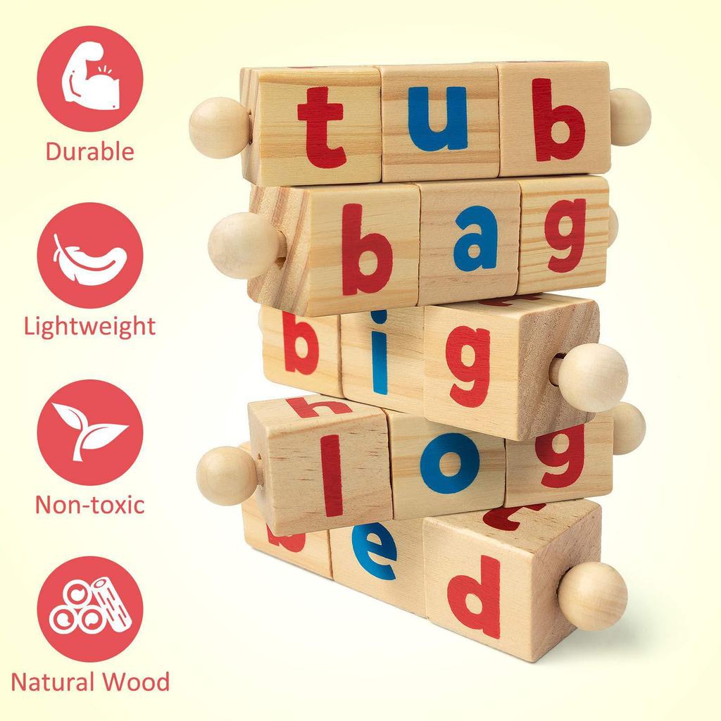 Wooden Rotating Letter Puzzle Blocks - Short Vowel Word Spelling Aid