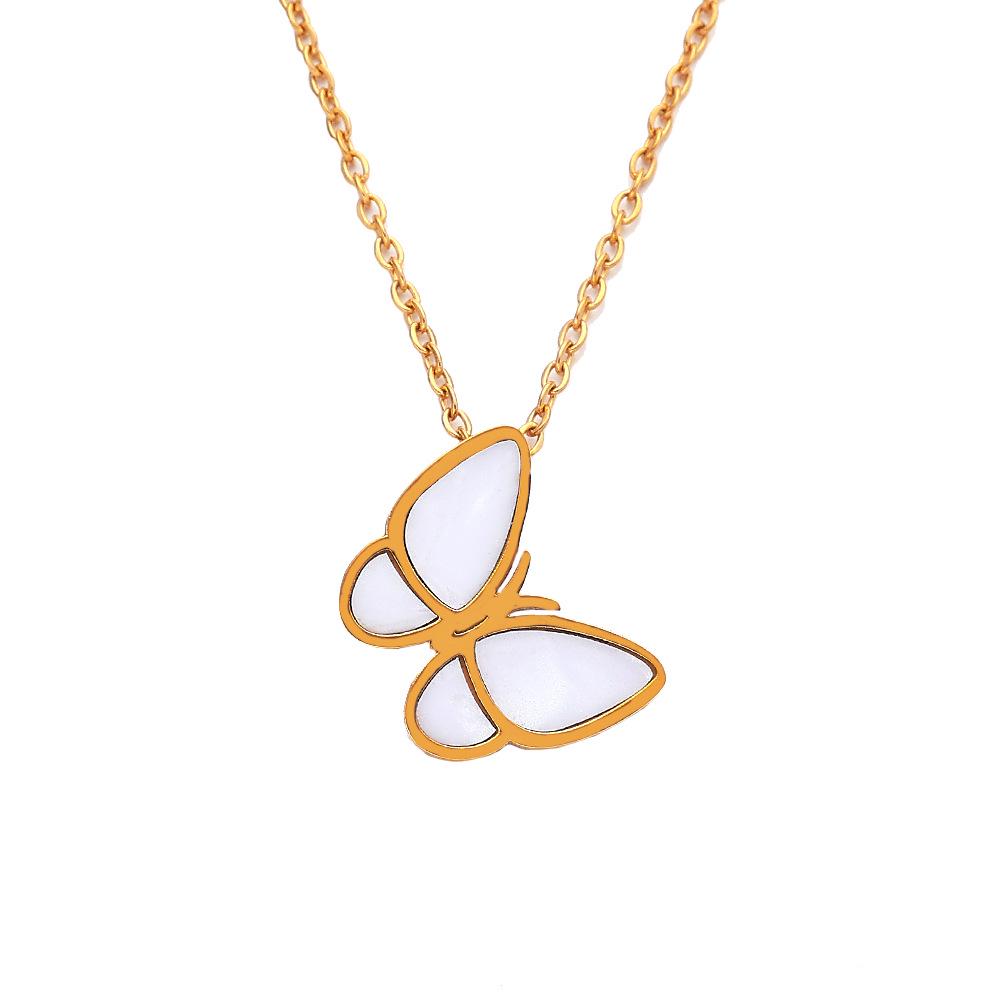 European-American INS Collarbone Chain: Elegant Titanium Necklace with White Pearl Butterfly Pendant