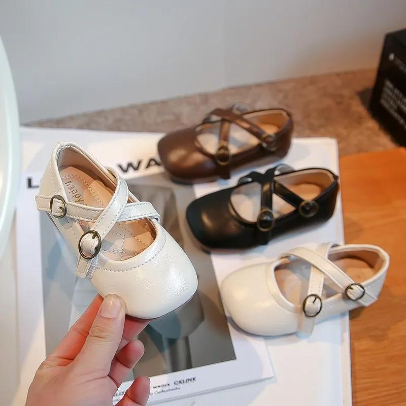 Girls' Solid Color Leather Shoes 2024 Spring New Korean Style Student Soft Sole Moccasin Shoes Solid Color Round-toe Flats Cross