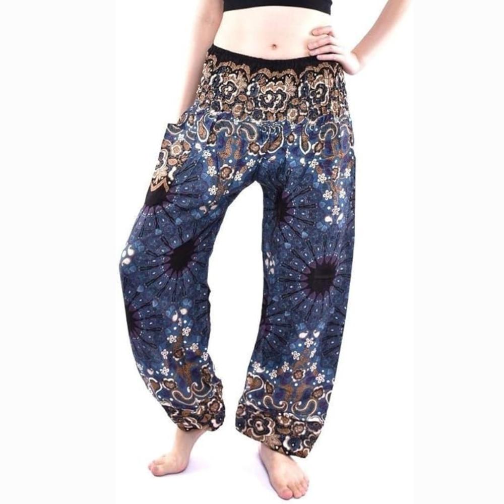 

Bless International Women s Rayon Print Smocked Waist Boho Pant Harem Yoga Hippie Palazzo Summer Beach Pants Medium