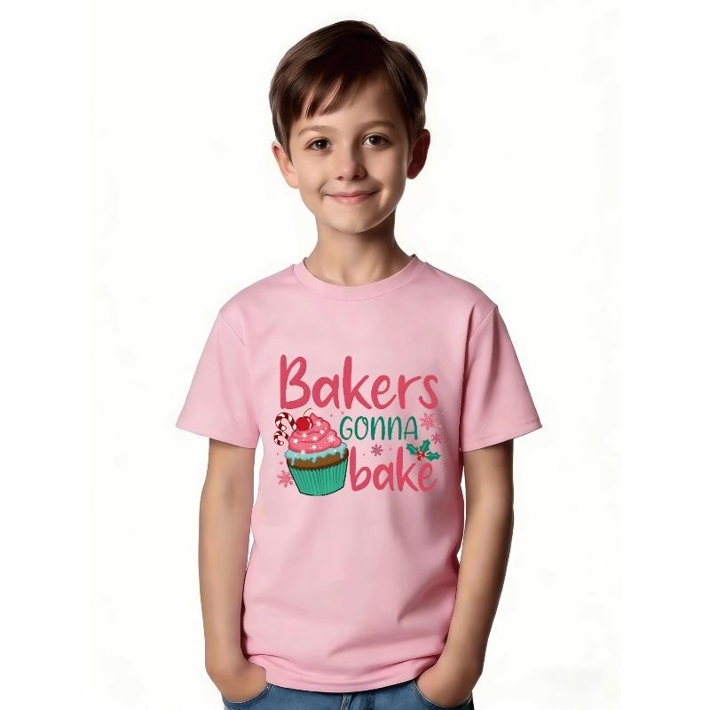 European Sizes Creative Baking T-Shirt for Girls - Features a Playful Pink Design with Handwritten Letters, Perfect for Holiday Gatherings