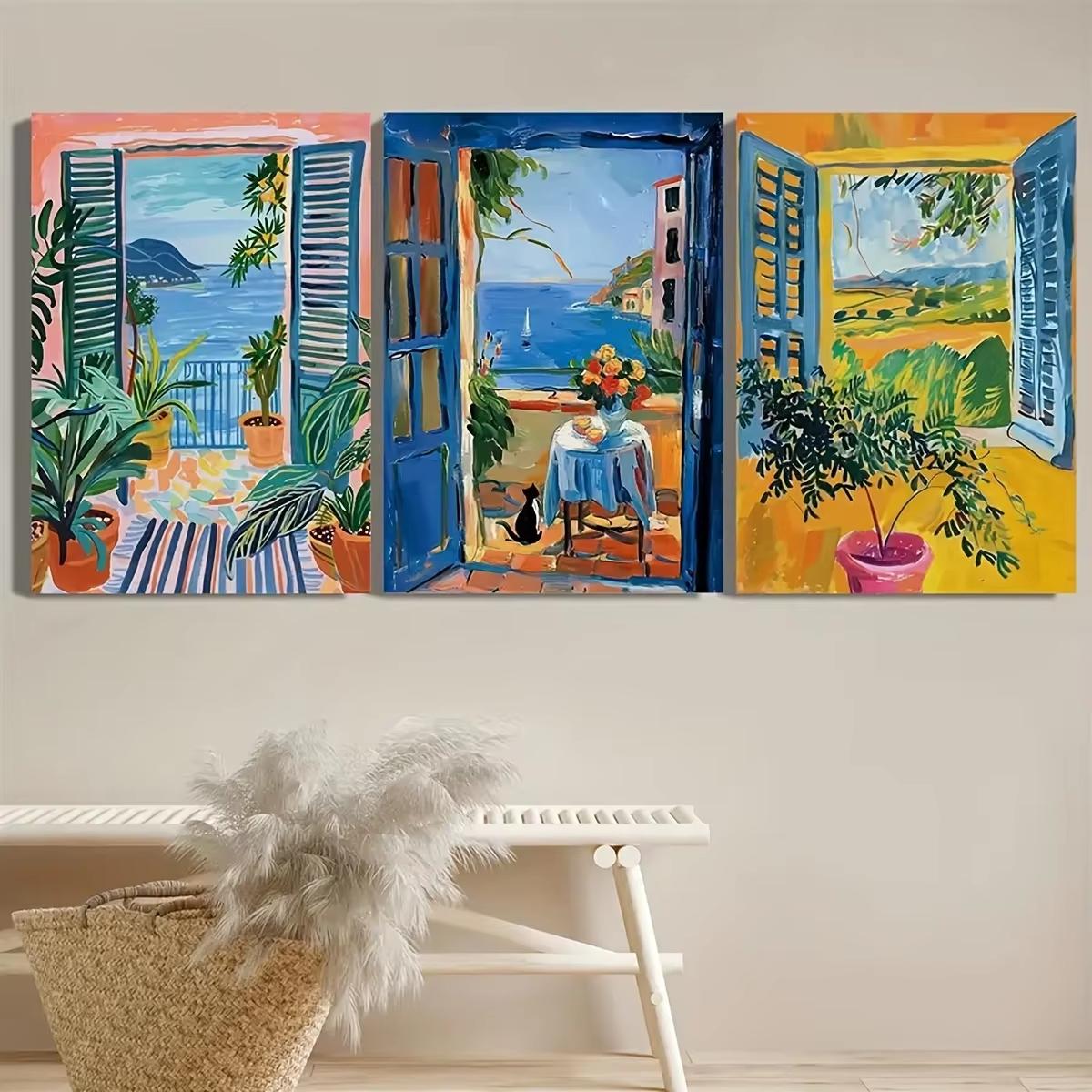 

3pcs Vintage Oil Painting, Seaside Scenery Travel Poster, Medieval Modern Bohemian Living Room Art Decor, 2D Canvas Print, Frame (as the picture,20x30cm-3pcs)