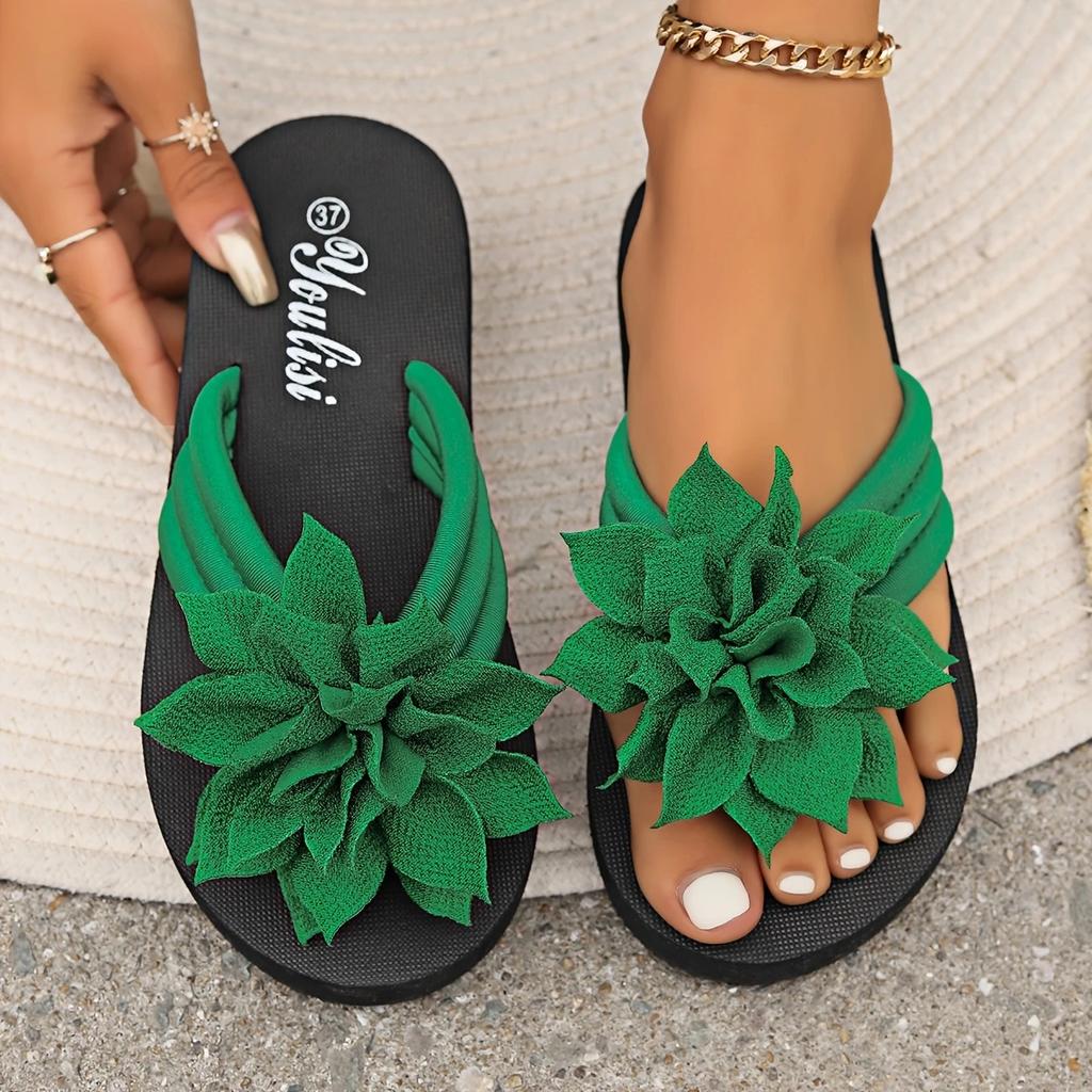Women's Floral Flip-Flops - Fabric Upper, EVA Sole, Mid Heel, Slip-On Vacation Style for All-Season Wear