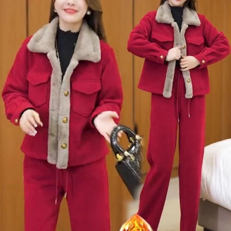 Corduroy Plus Velvet Thickening Suit Women's Autumn and Winter Fashionable Straight Pants Casual Warm Two-piece Set
