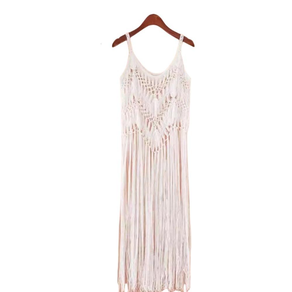Polyester Fibre Beach Dress Bohemian Style Tassel Vest Elegant Knit Gown Beach Vacation