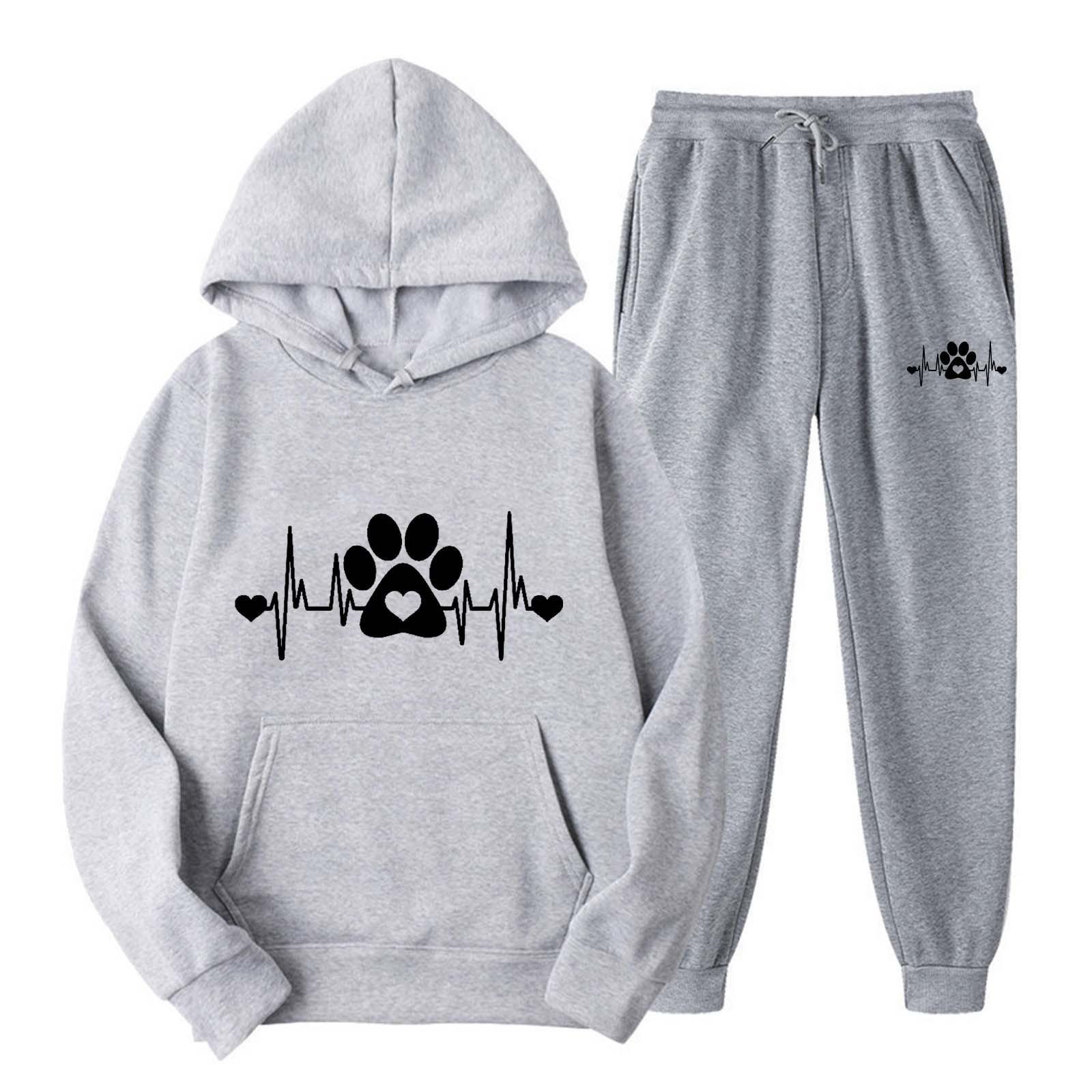 Plush Men s Hoodie Set With Printed Hooded Trendy Sports L светло-серый