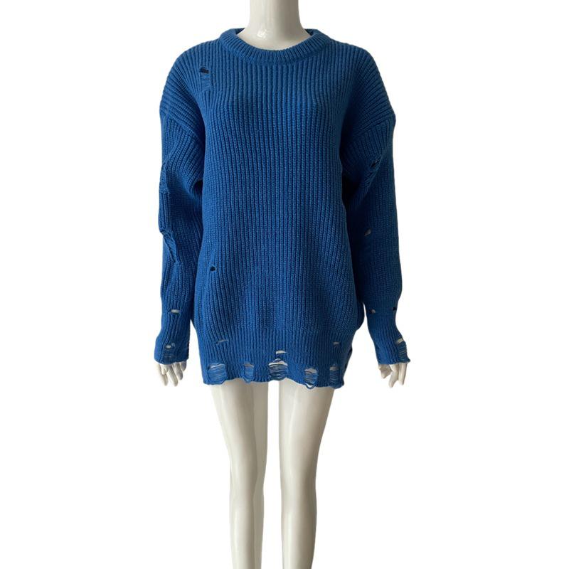 Women's Autumn/Winter Solid Color Ripped Knit Sweater Dress - Round Neck, Long Sleeve, Mid-Length Pullover