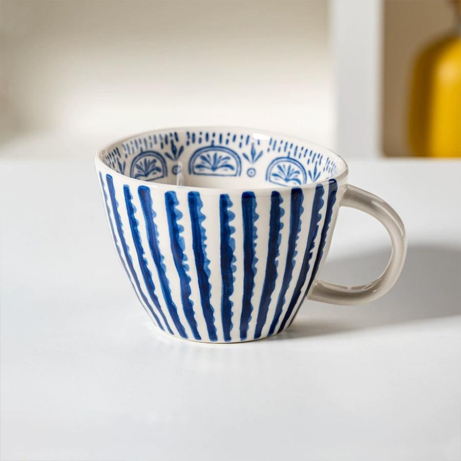 Severský keramický hrnek se zlatým uchem, Ručně malovaný pruhovaný hrnek na kávu a čaj, Porcelánové nádobí na mléko nebo ovesnou kaši